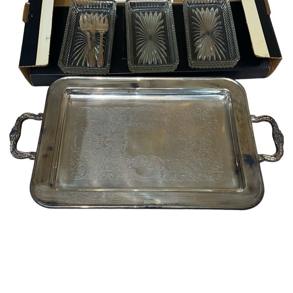 Vtg Leonard 7pc Silverplate Relish Serving Tray Glass Dishes Forks MIB - Picture 2 of 16